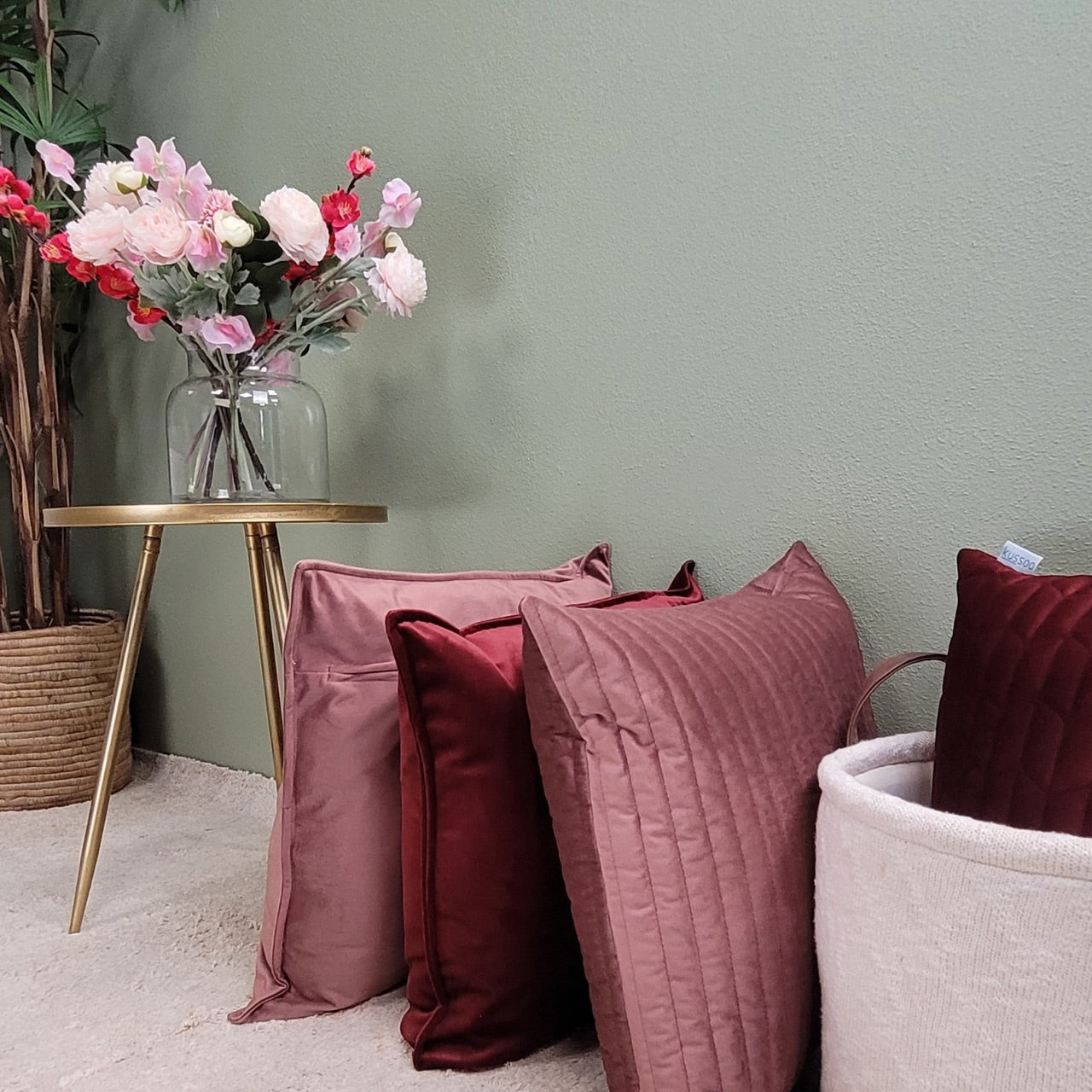 Kussen fluweel streep bordeaux rood 50x50 cm & 30x50 cm Set van 2 sierkussens